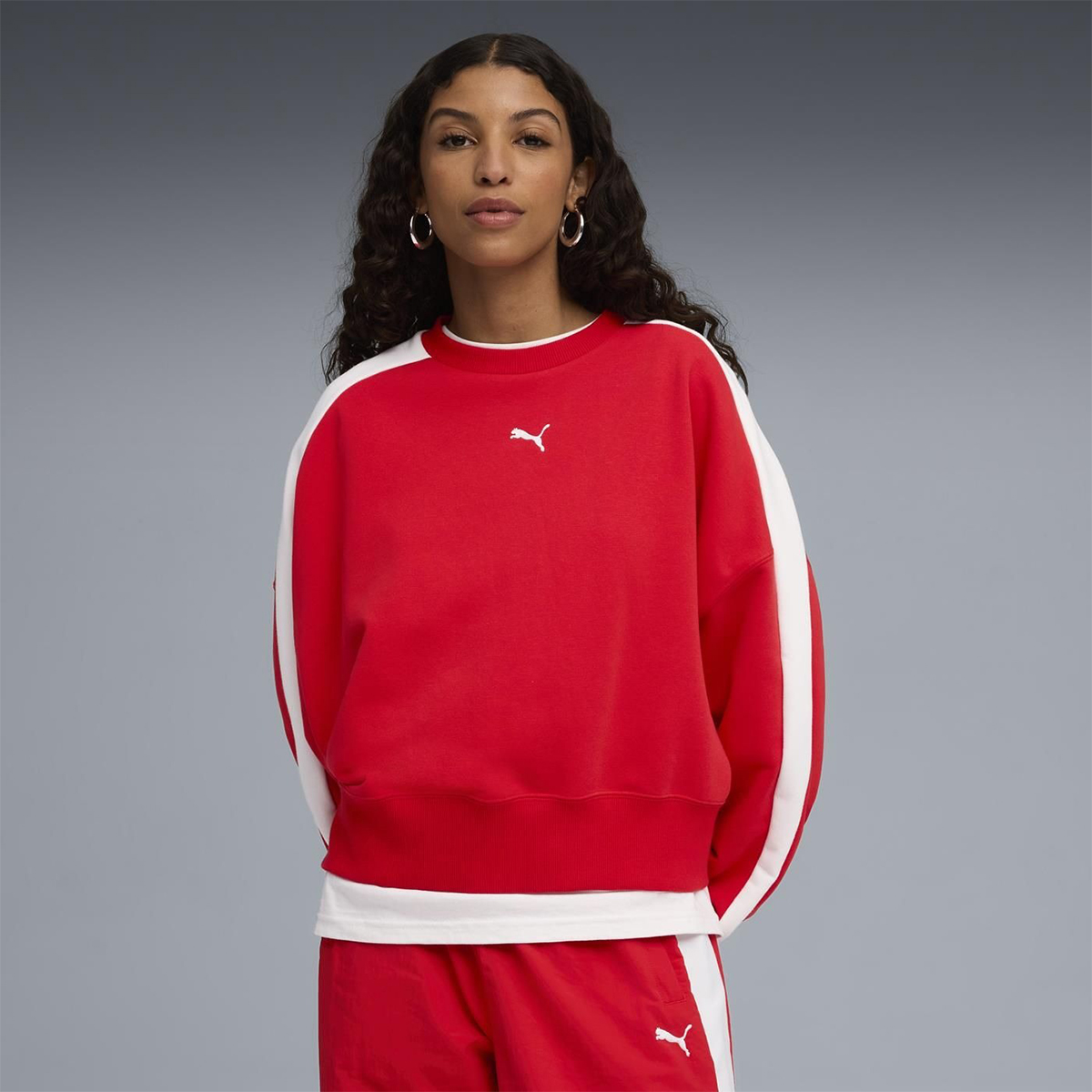 Puma T7 Over Oversized Crew Kadın Kırmızı Bisiklet Yaka Sweatshirt